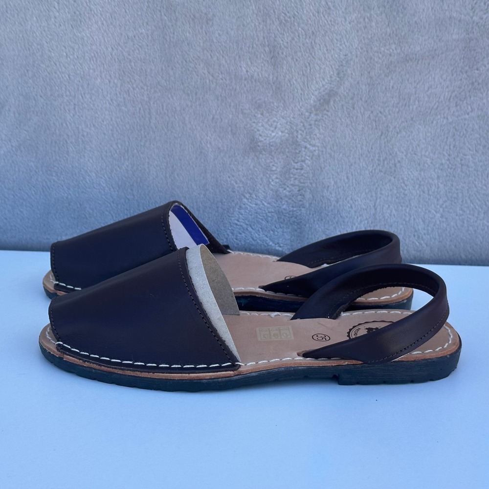 Avarcas de Ibiza Menorcan Leather Slingback Sandals Brown Peep Toe Flats Size 35